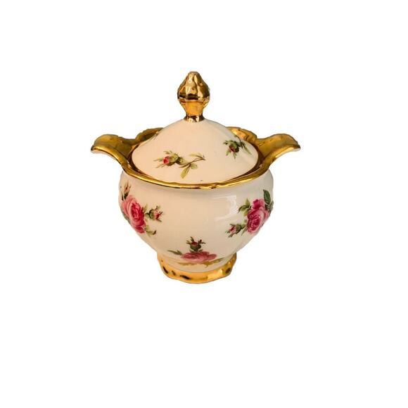 Bareuther Waldsassen Bavaria Pink Rose Porcelain Sugar Bowl w/ Gold Trim Handles - Picture 1 of 11